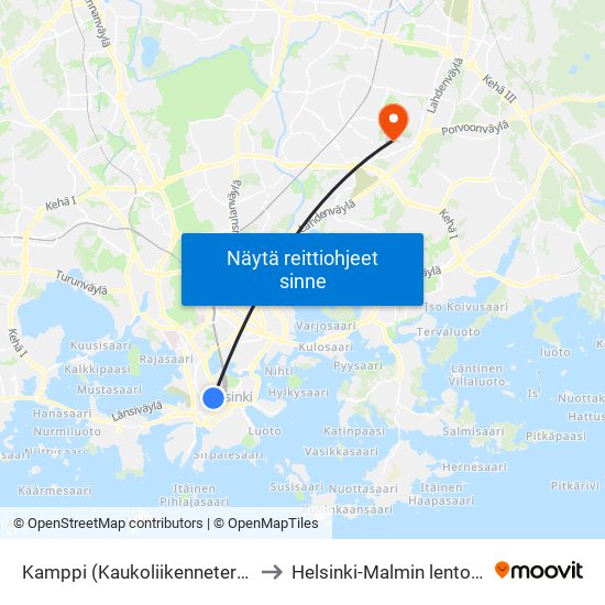 Kamppi (Kaukoliikenneterminaali) to Helsinki-Malmin lentoasema map