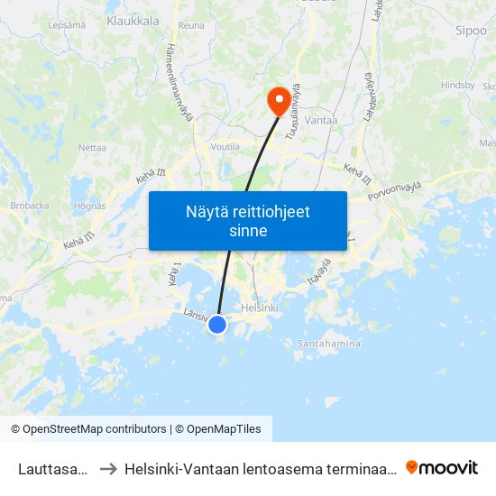 Lauttasaari to Helsinki-Vantaan lentoasema terminaali 1 map