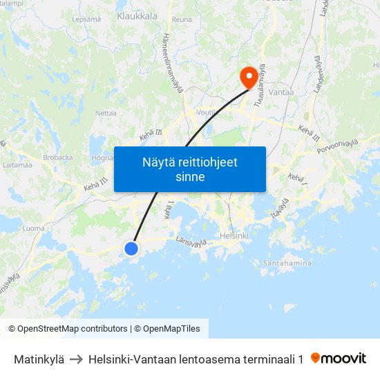 Matinkylä to Helsinki-Vantaan lentoasema terminaali 1 map