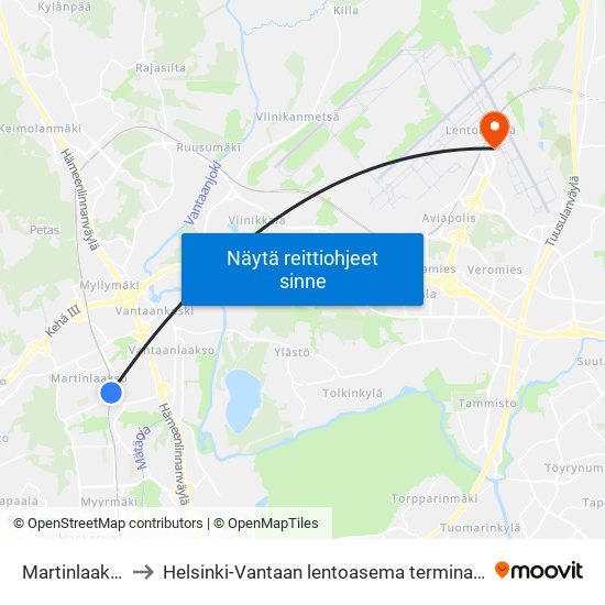 Martinlaakso to Helsinki-Vantaan lentoasema terminaali 1 map