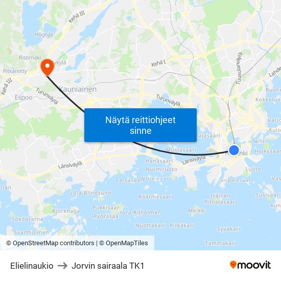 Elielinaukio to Jorvin sairaala TK1 map