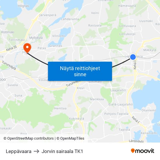 Leppävaara to Jorvin sairaala TK1 map