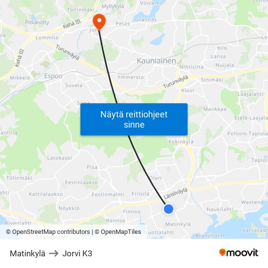 Matinkylä to Jorvi K3 map