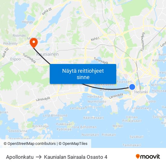 Apollonkatu to Kaunialan Sairaala Osasto 4 map