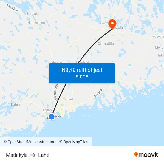 Matinkylä to Lahti map