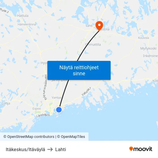 Itäkeskus/Itäväylä to Lahti map