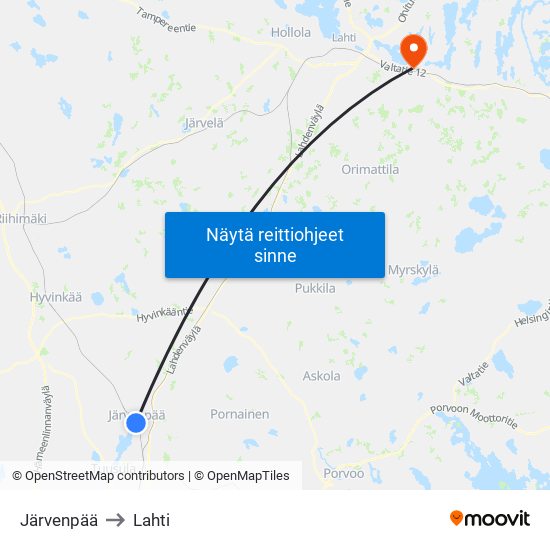 Järvenpää to Lahti map