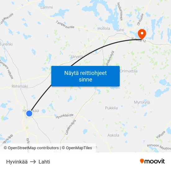 Hyvinkää to Lahti map