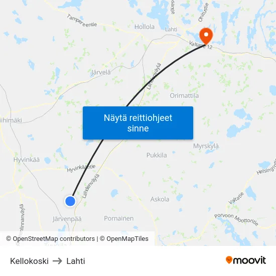 Kellokoski to Lahti map