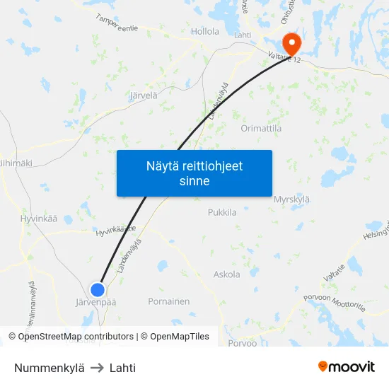 Nummenkylä to Lahti map