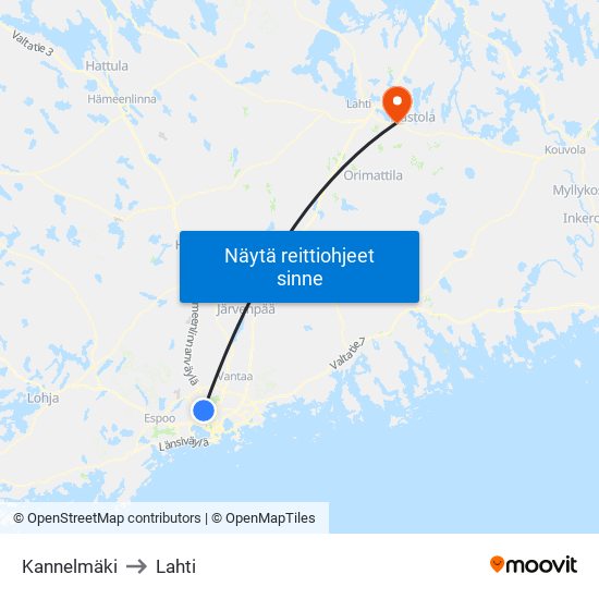 Kannelmäki to Lahti map