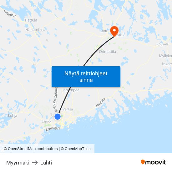 Myyrmäki to Lahti map