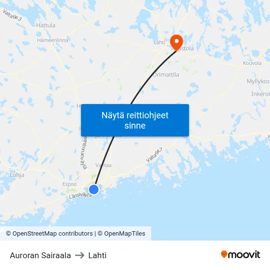 Auroran Sairaala to Lahti map