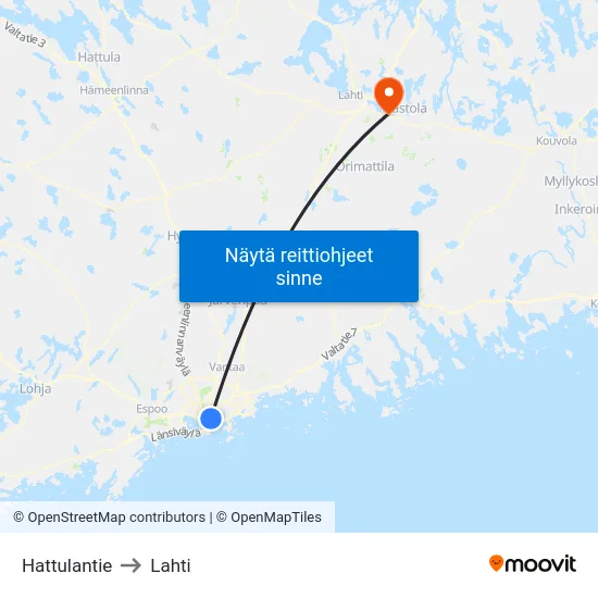 Hattulantie to Lahti map