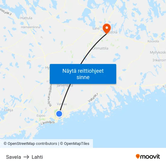 Savela to Lahti map