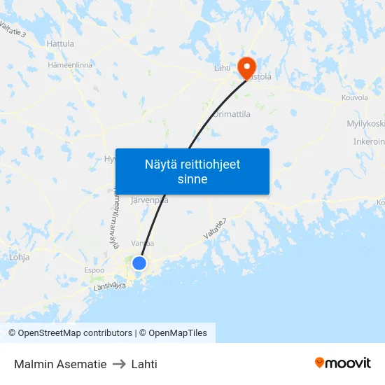 Malmin Asematie to Lahti map