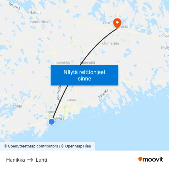 Hanikka to Lahti map