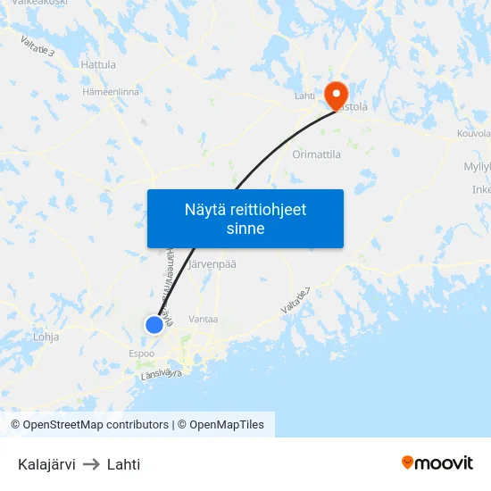 Kalajärvi to Lahti map