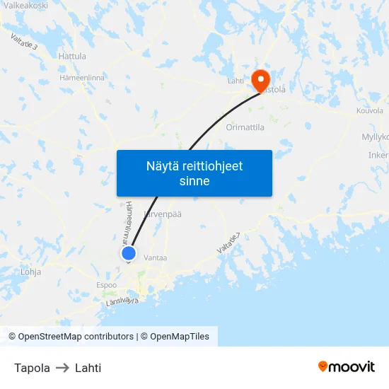 Tapola to Lahti map