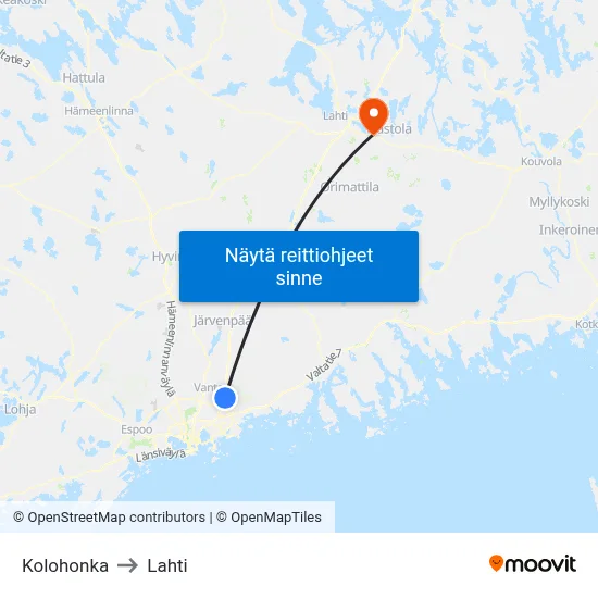 Kolohonka to Lahti map