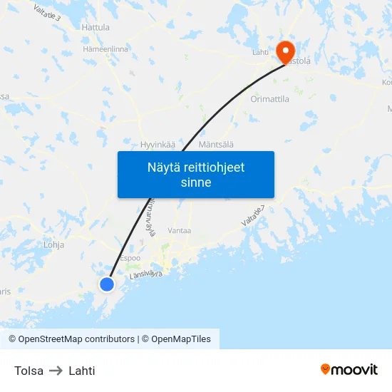 Tolsa to Lahti map