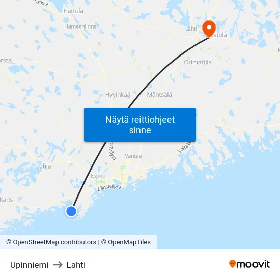 Upinniemi to Lahti map