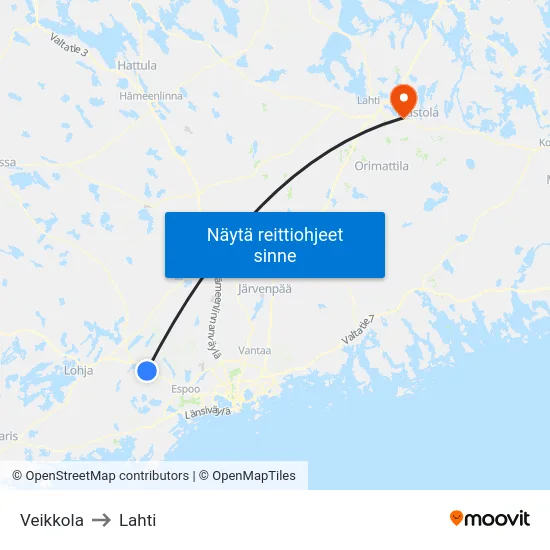 Veikkola to Lahti map