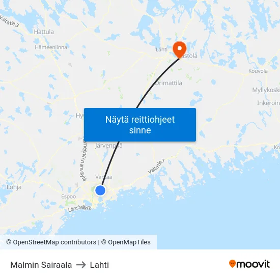 Malmin Sairaala to Lahti map