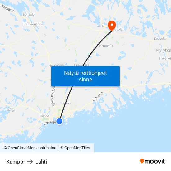 Kamppi to Lahti map
