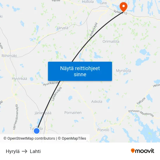 Hyrylä to Lahti map