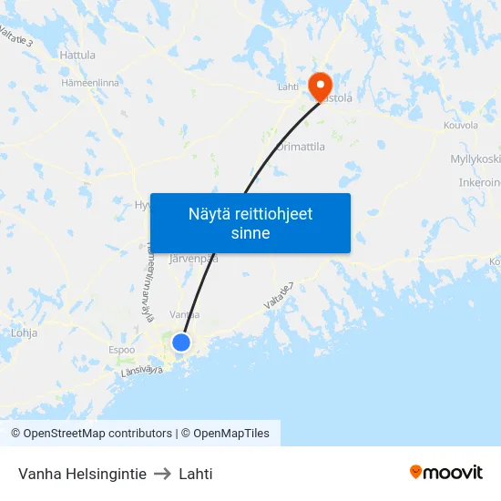 Vanha Helsingintie to Lahti map