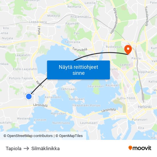 Tapiola to Silmäklinikka map