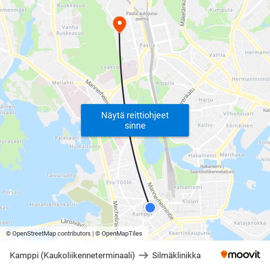 Kamppi (Kaukoliikenneterminaali) to Silmäklinikka map