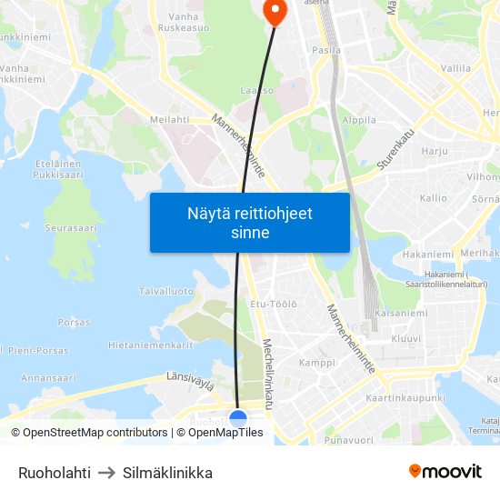 Ruoholahti to Silmäklinikka map