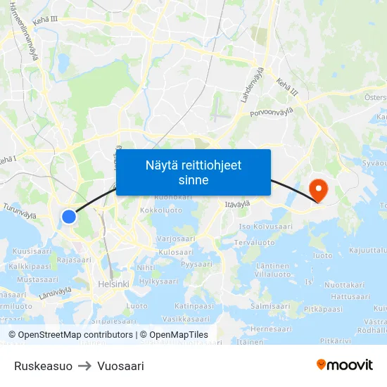 Ruskeasuo to Vuosaari map