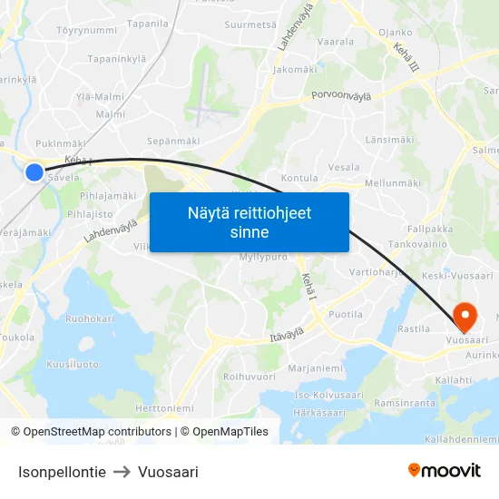Isonpellontie to Vuosaari map