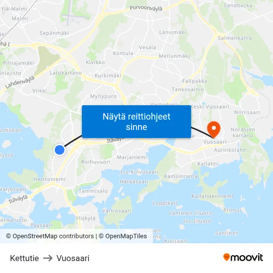 Kettutie to Vuosaari map
