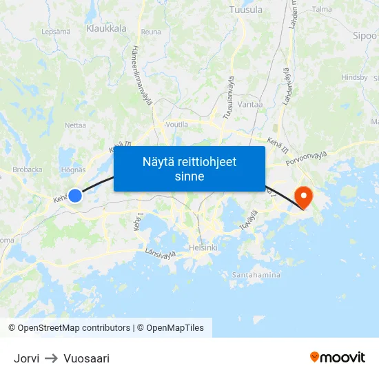 Jorvi to Vuosaari map