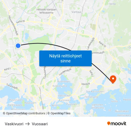 Vaskivuori to Vuosaari map