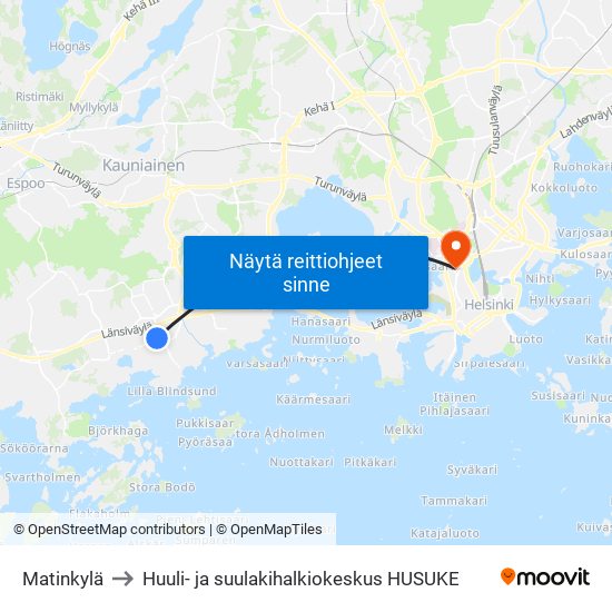 Matinkylä to Huuli- ja suulakihalkiokeskus HUSUKE map