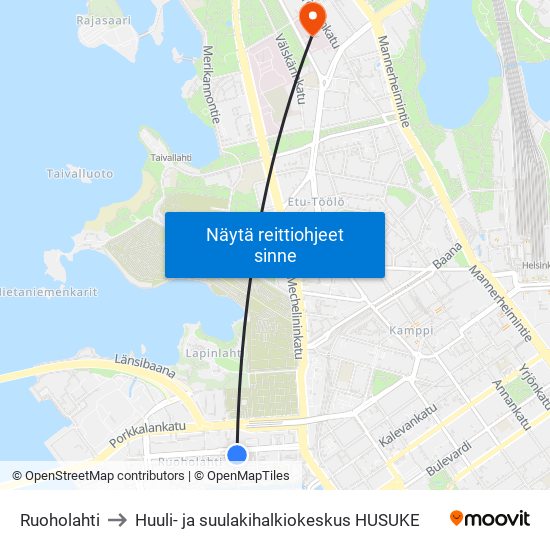 Ruoholahti to Huuli- ja suulakihalkiokeskus HUSUKE map