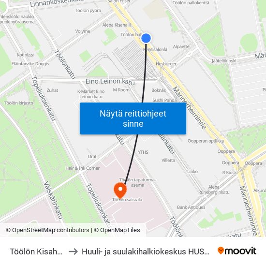 Töölön Kisahalli to Huuli- ja suulakihalkiokeskus HUSUKE map