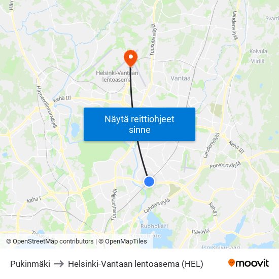 Pukinmäki to Helsinki-Vantaan lentoasema (HEL) map