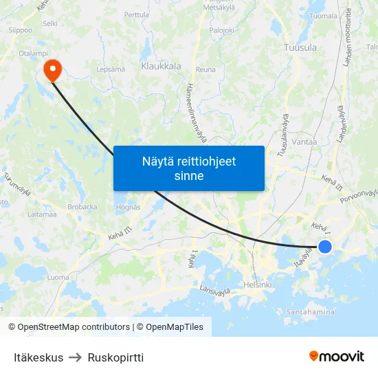 Itäkeskus to Ruskopirtti map