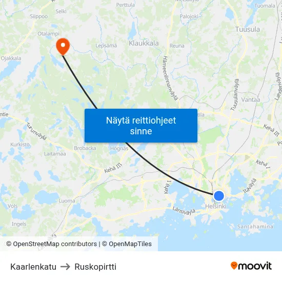 Kaarlenkatu to Ruskopirtti map