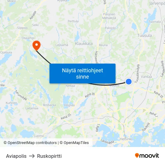 Aviapolis to Ruskopirtti map