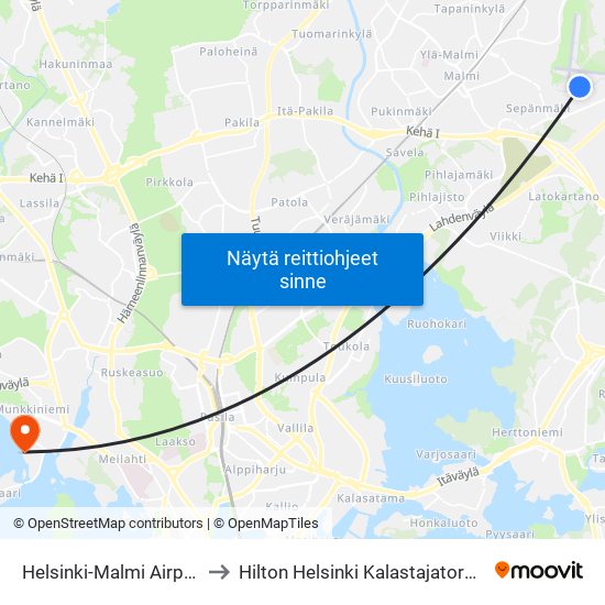 Helsinki-Malmi Airport to Hilton Helsinki Kalastajatorppa map