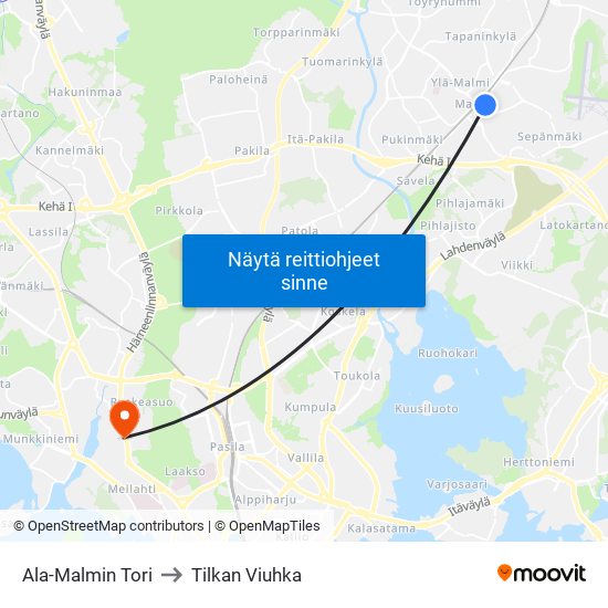 Ala-Malmin Tori to Tilkan Viuhka map
