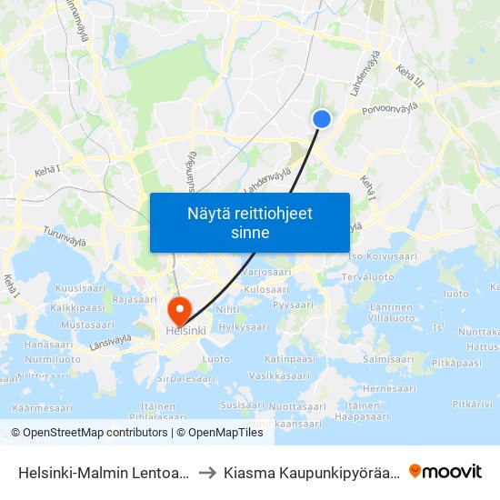 Helsinki-Malmin Lentoasema to Kiasma Kaupunkipyöräasema map