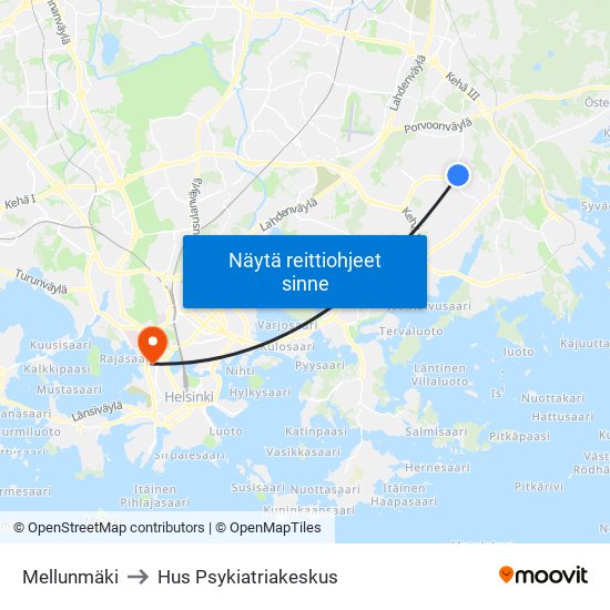 Mellunmäki to Hus Psykiatriakeskus map